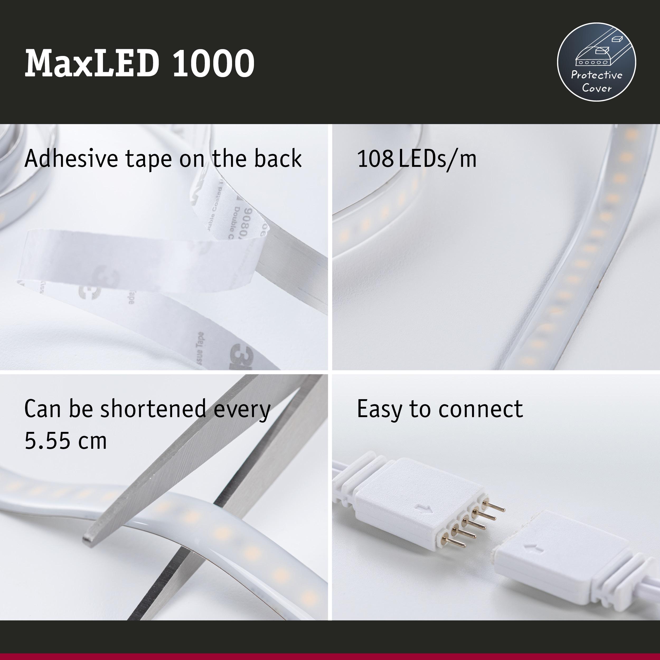 MaxLED 1000 LED strip with adhesive tape, 108 LEDs per meter, cuttable every 5.55 cm, easy to connect