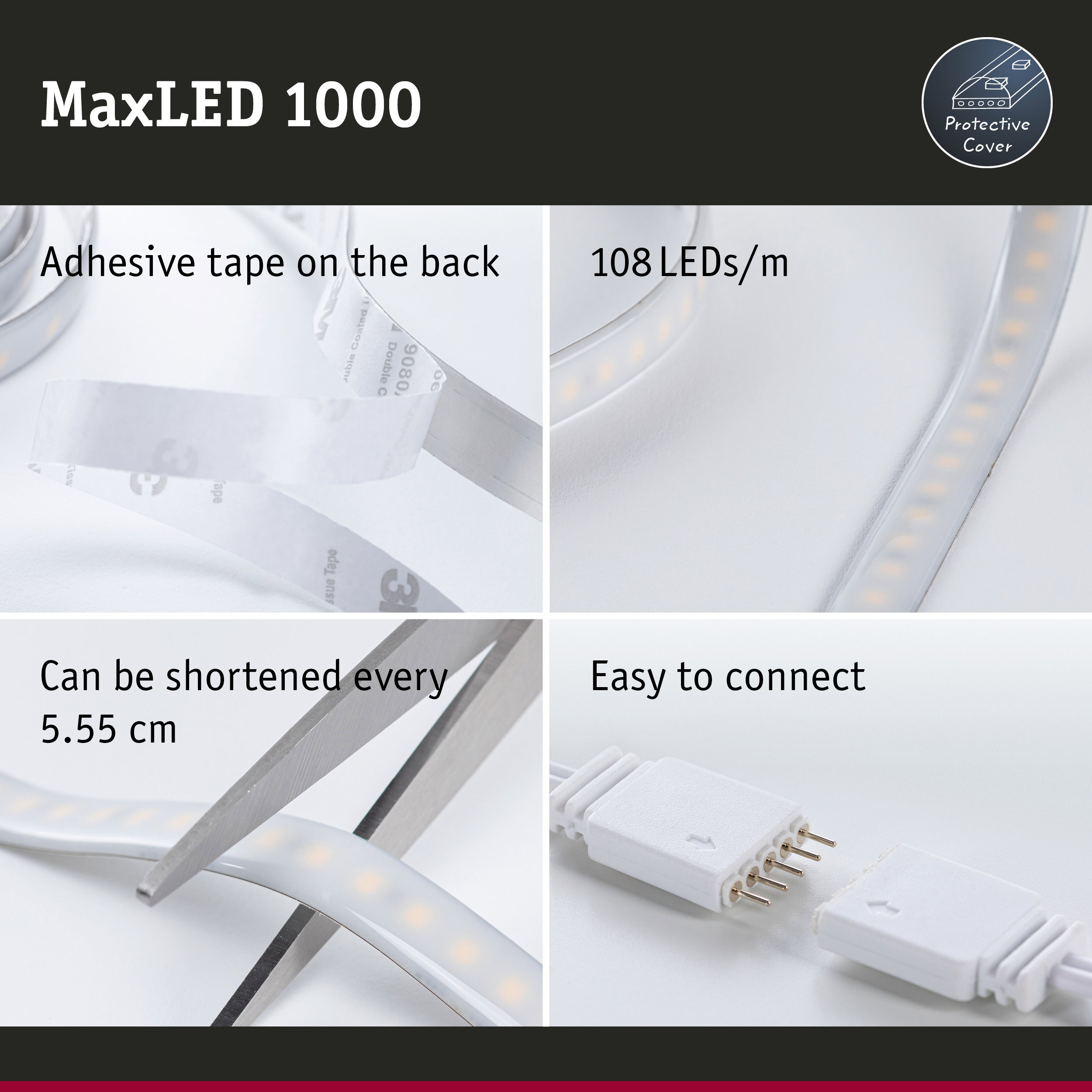 MaxLED 1000 LED strip with protective cover, 108 LEDs per meter, adhesive backing, cuttable every 5.55 cm, easy to connect