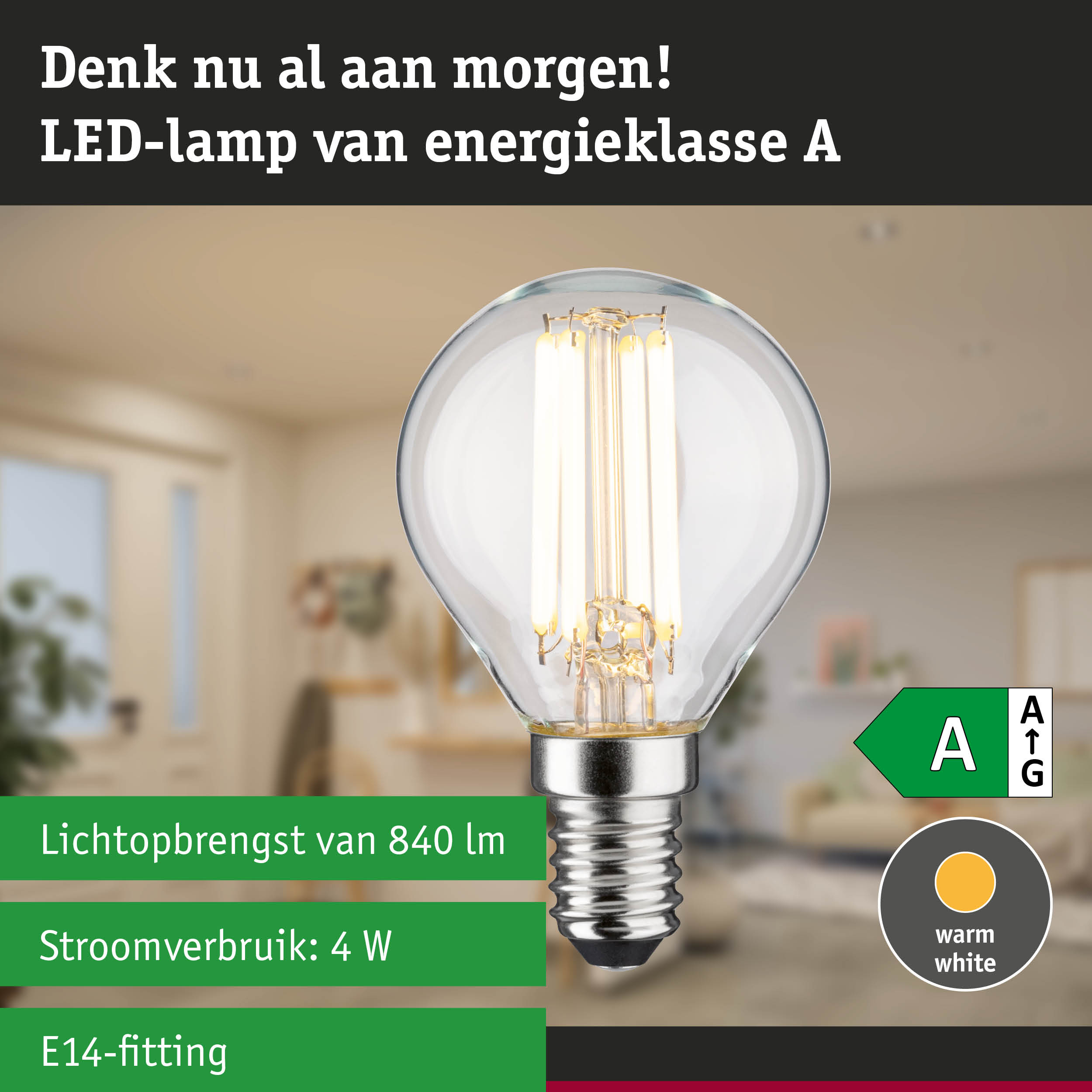 Transparante LED-lamp met warm wit licht en ultra-efficiënt energieverbruik tegen groene bosachtergrond