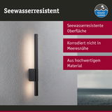Schwarze LED-Wandleuchte mit seewasserresistenter Oberfläche aus hochwertigem Material für Außenbereiche.