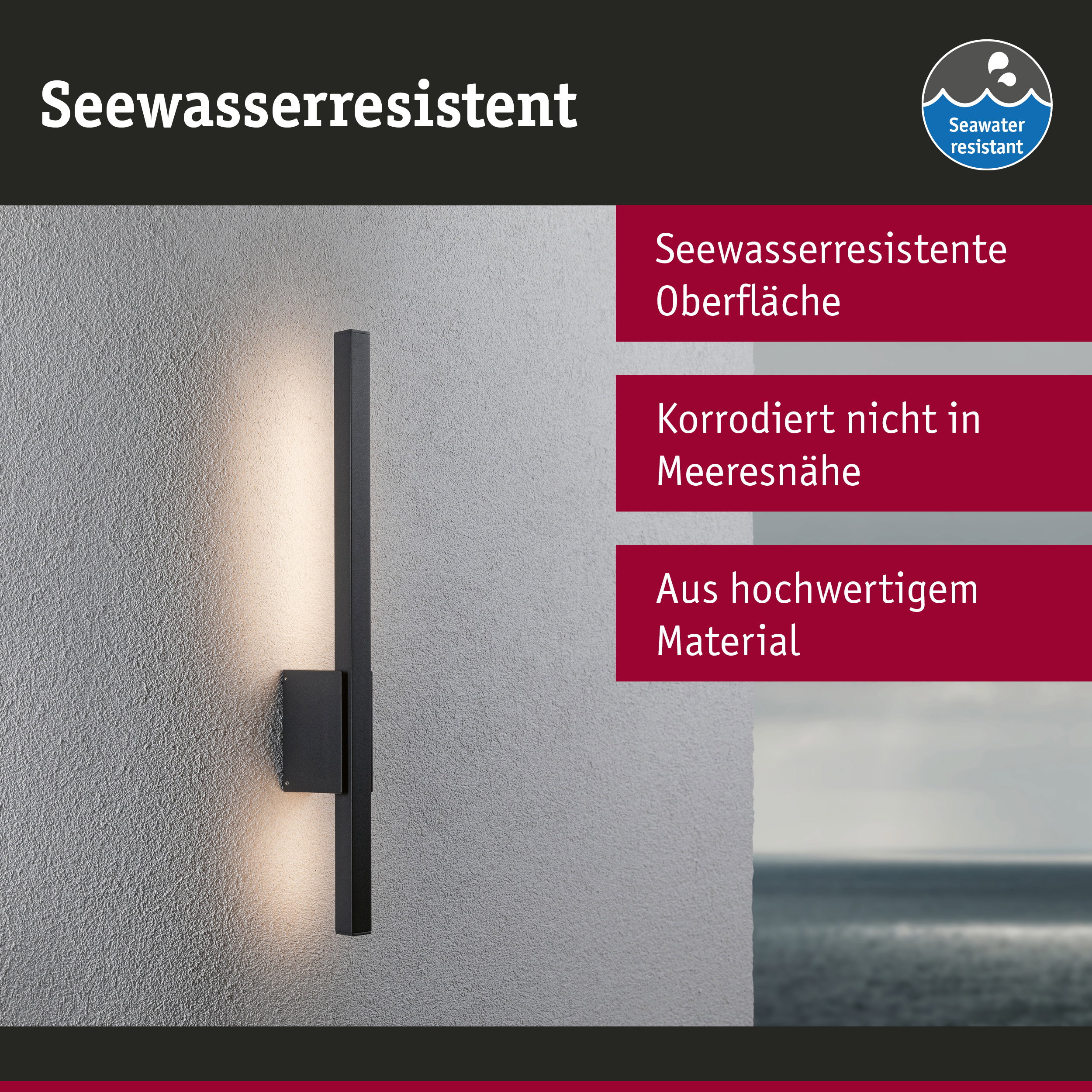 Schwarze LED-Wandleuchte mit seewasserresistenter Oberfläche für Außenbereiche am Meer