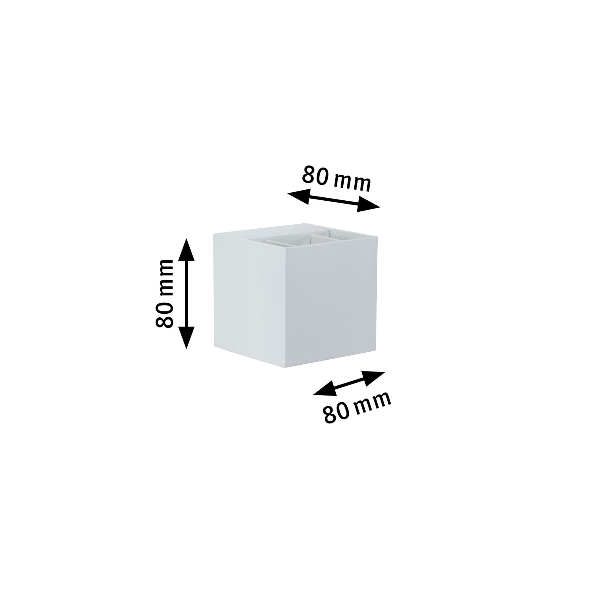 White square metal cube measuring 80 mm edges, product dimension for LED lighting fixture