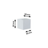 White square metal cube measuring 80 mm edges, product dimension for LED lighting fixture
