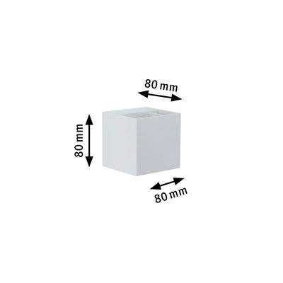 White square metal cube measuring 80 mm edges, product dimension for LED lighting fixture