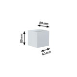White square metal cube measuring 80 mm edges, product dimension for LED lighting fixture