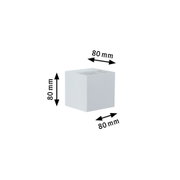 White square metal cube measuring 80 mm edges, product dimension for LED lighting fixture