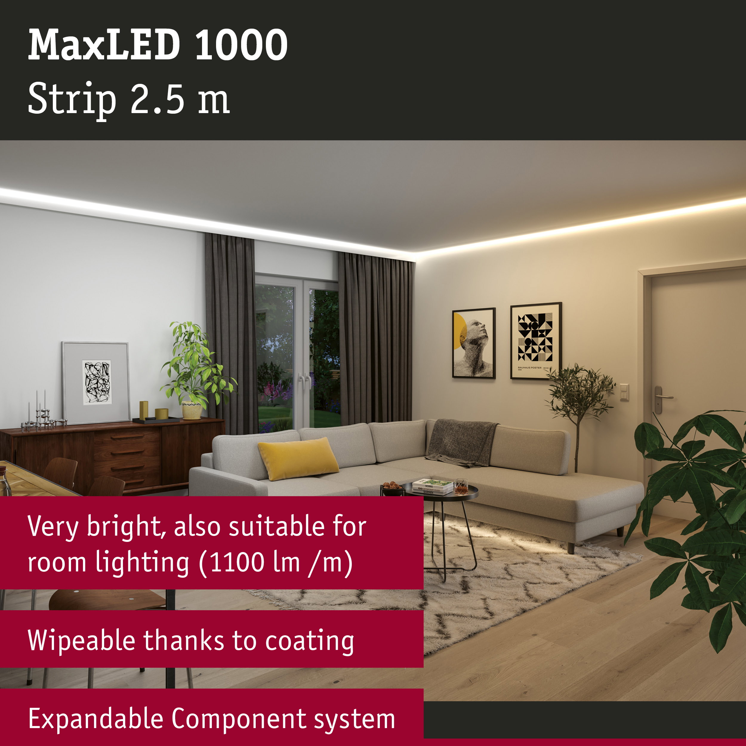 MaxLED 1000 2.5m LED strip in warm white for bright room lighting with wipeable coating