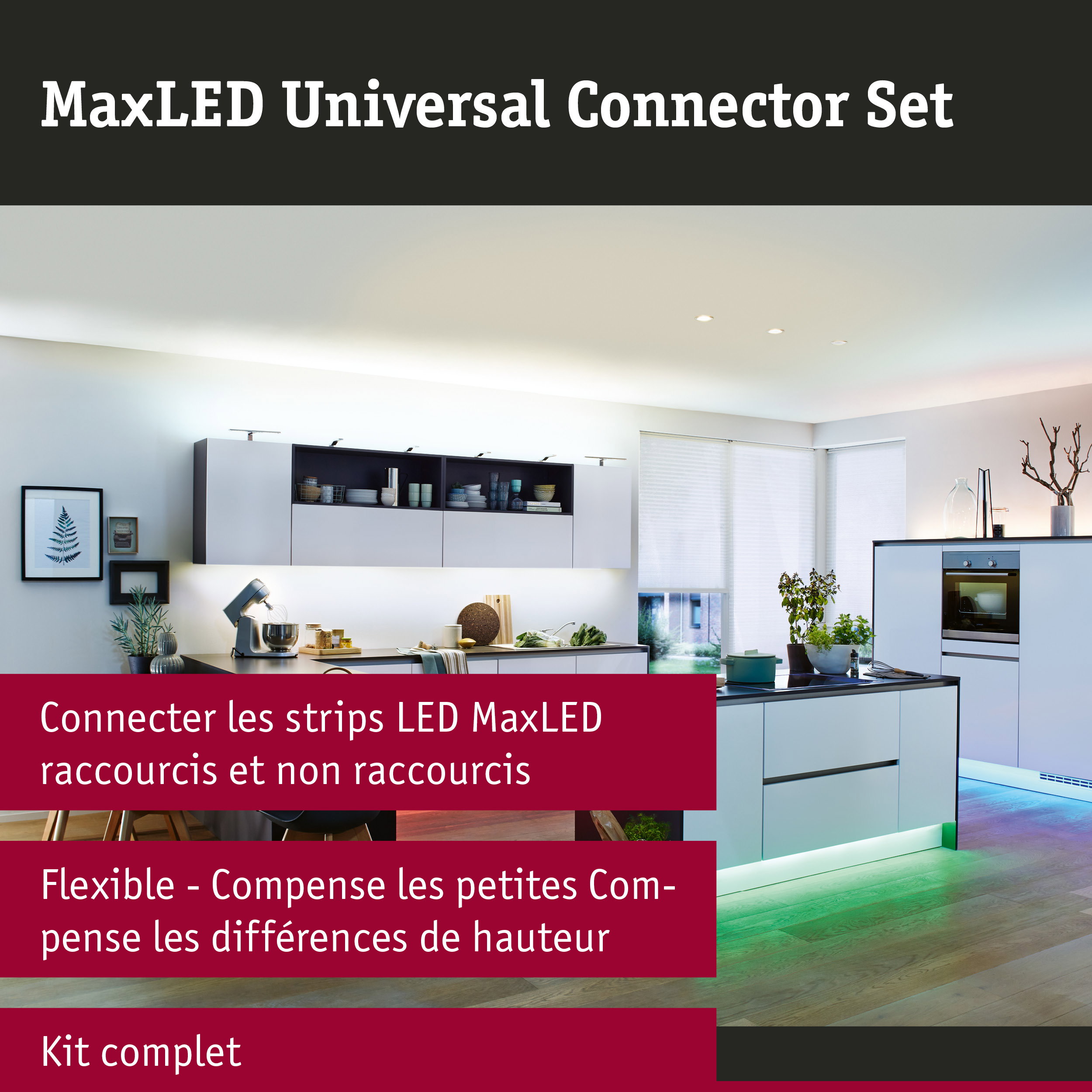 Cuisine blanche moderne avec éclairage LED sous les meubles et appareils de cuisine élégants