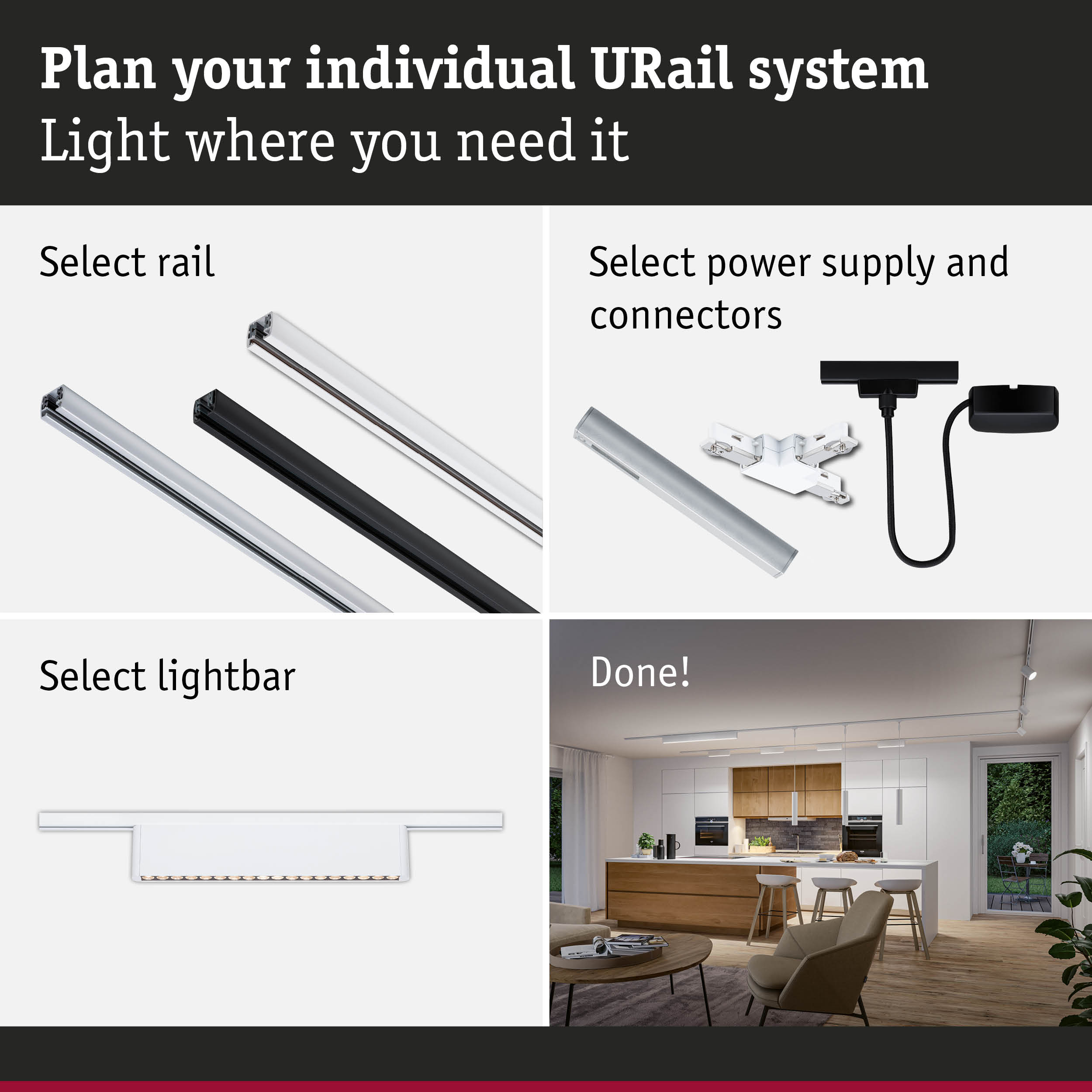 Modular URail track system with black and white aluminium rails for flexible LED lighting setup.