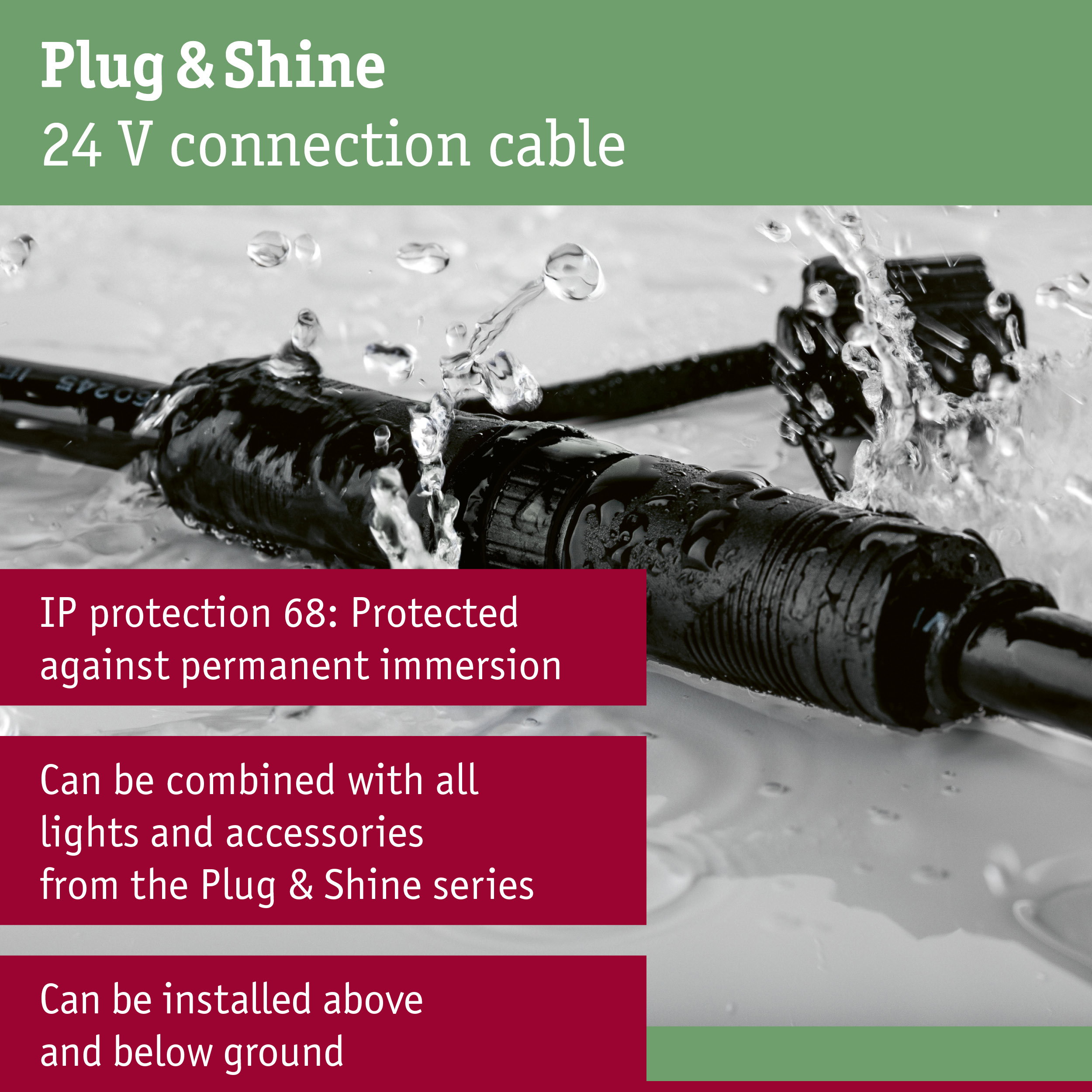 Black 24V Plug & Shine connection cable with IP68 protection against permanent water immersion
