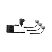 Black LED garden light set with plug-in power supply and three silver metal recessed lights