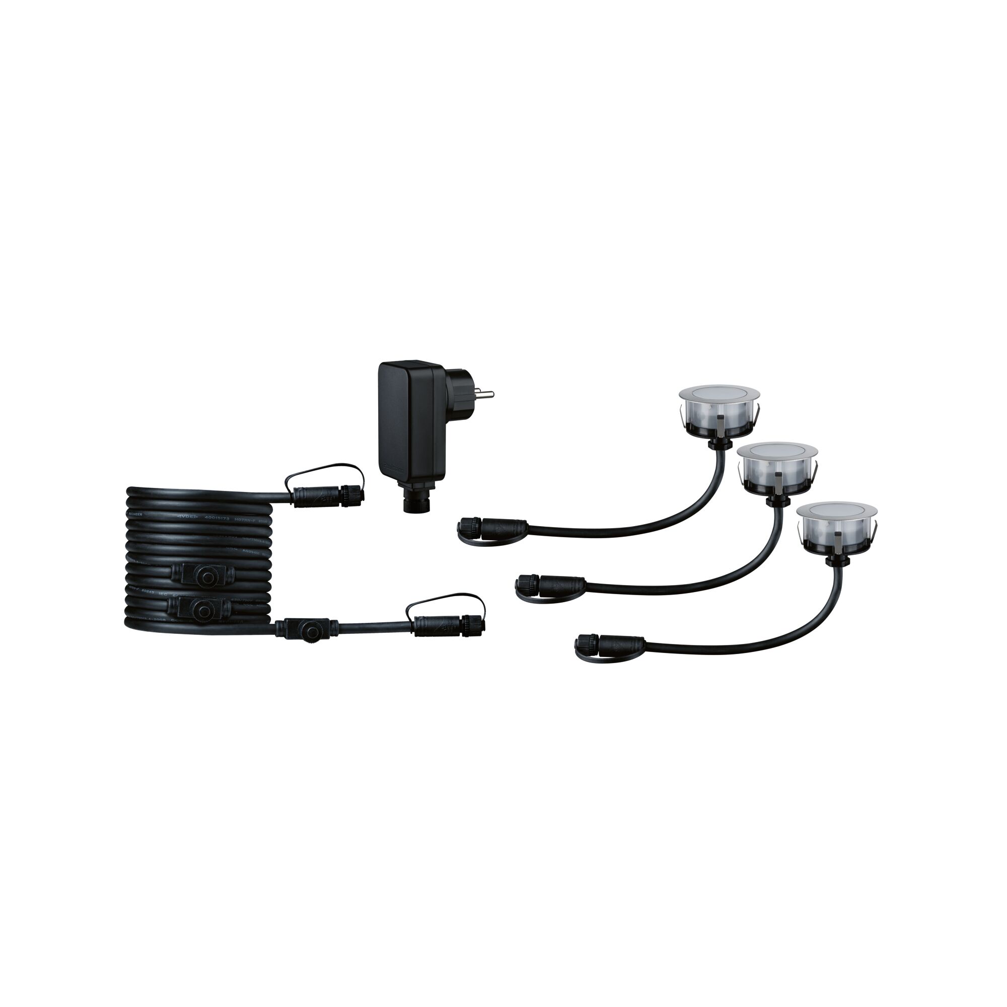 Black LED garden light set with plug-in power supply and three silver metal recessed lights