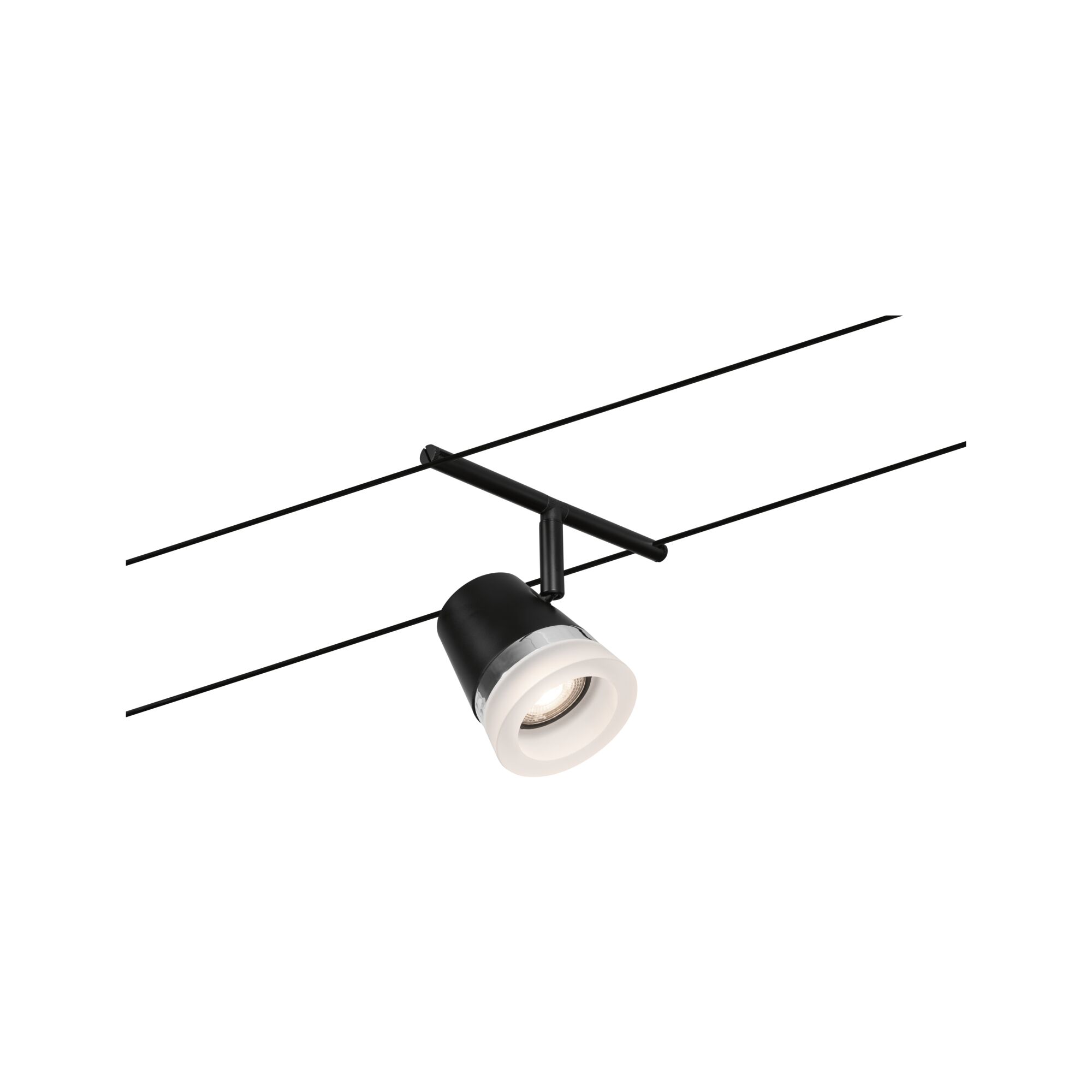 Schwarze LED-Spotleuchte mit weißem Diffusor an schwarzem Kabelsystem für moderne Innenbeleuchtung