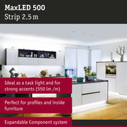 Modern white kitchen with MaxLED 500 2.5m LED strip for accent and furniture lighting