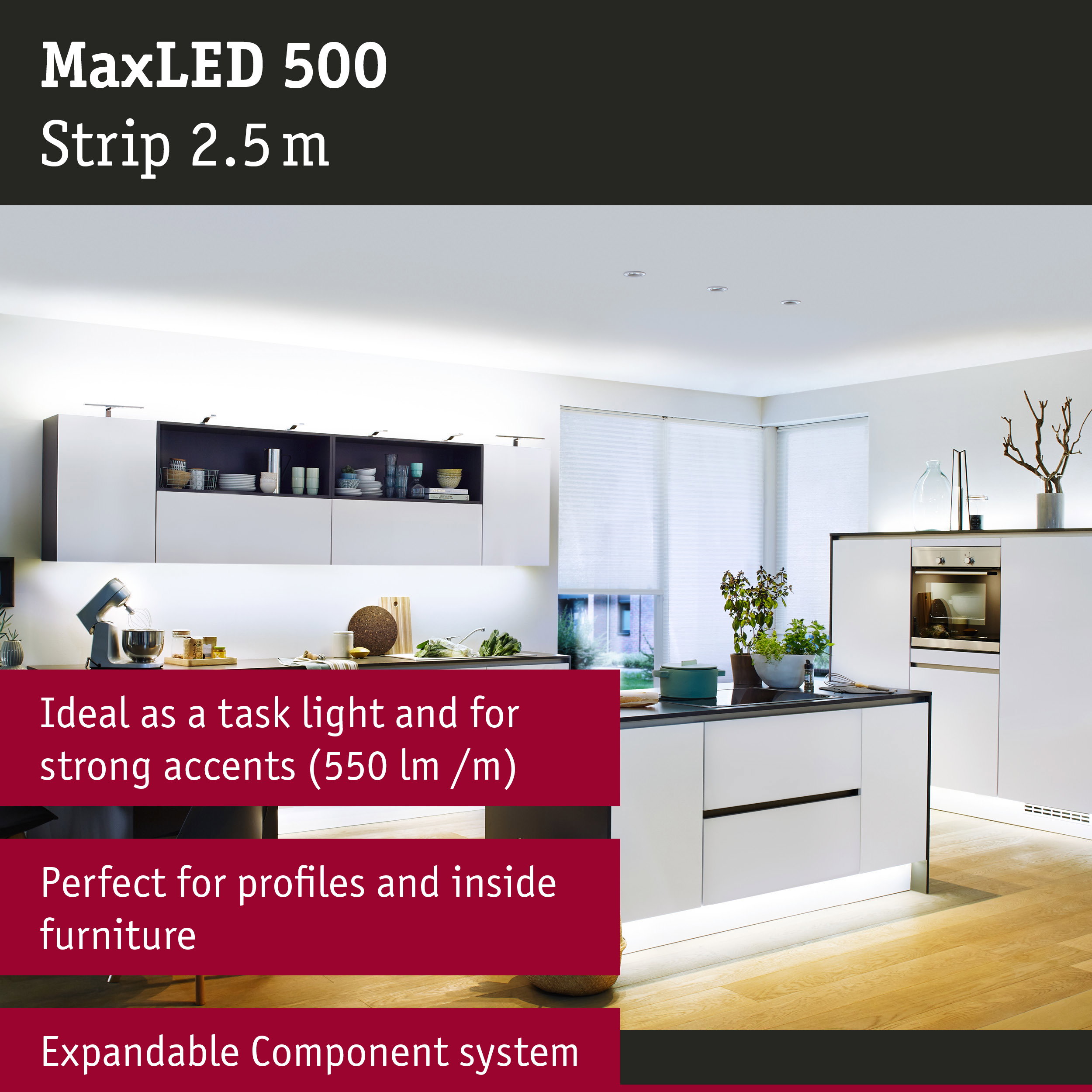 Modern white kitchen with MaxLED 500 2.5m LED strip for accent and furniture lighting