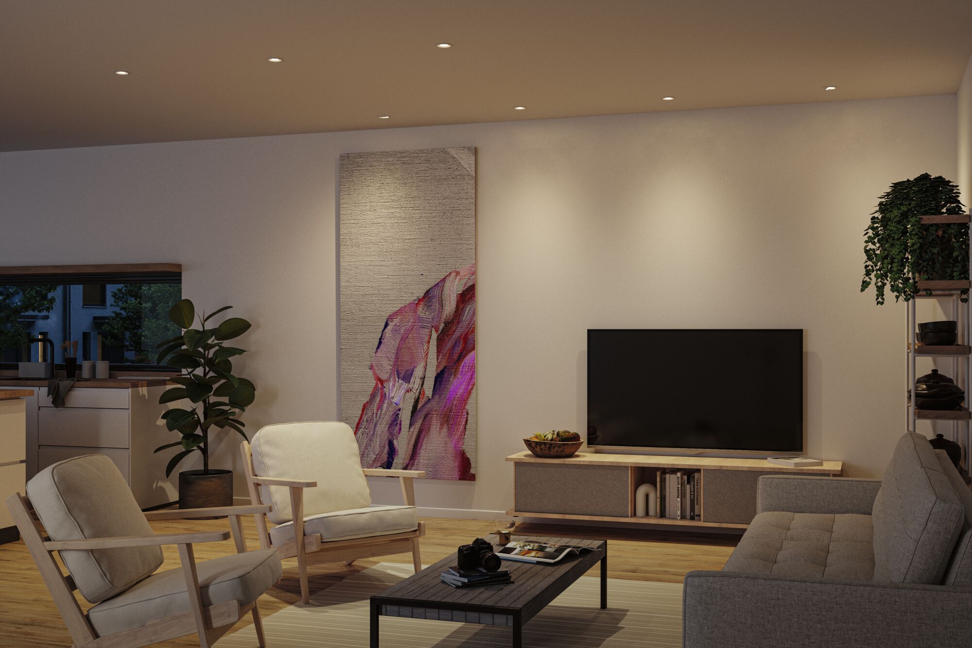 Modern living room with grey sofa, two light wooden armchairs and natural wood TV cabinet
