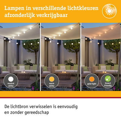 Drie buitenlampen in neutraal wit, warm wit en goud licht met insectvriendelijke LED-verlichting