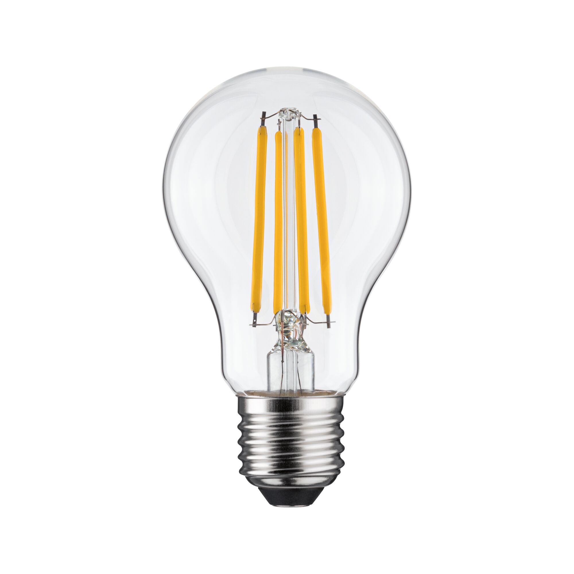 Klassische LED-Glühbirne mit transparentem Glas und gelben Filamenten für energiesparende Beleuchtung