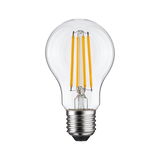 Klassische LED-Glühbirne mit transparentem Glas und gelben Filamenten für energiesparende Beleuchtung
