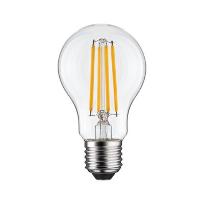 Klassische LED-Glühbirne mit transparentem Glas und gelben Filamenten für energiesparende Beleuchtung