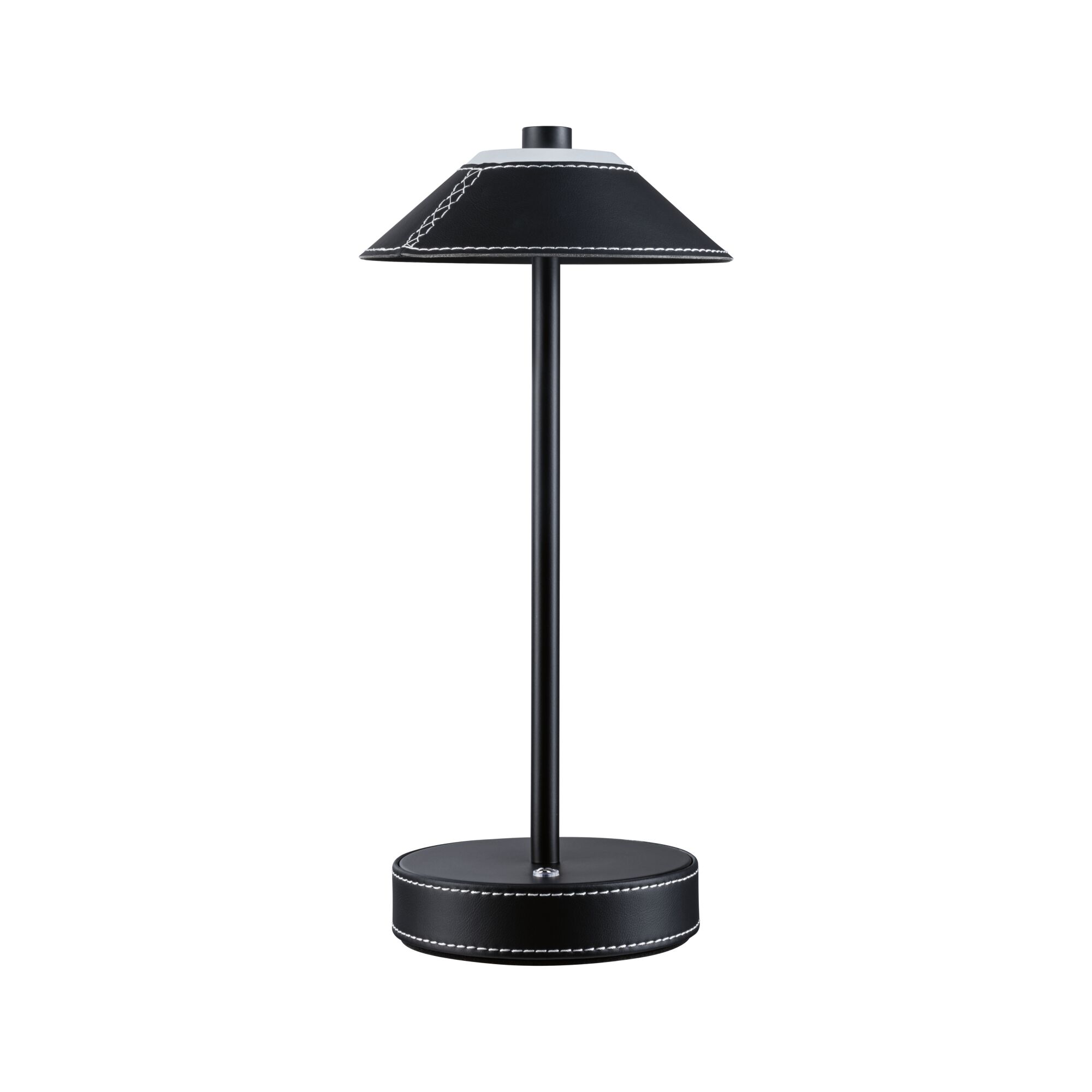 Schwarze Tischlampe mit Lederbezug und weißer Naht, moderner LED-Schreibtischleuchte