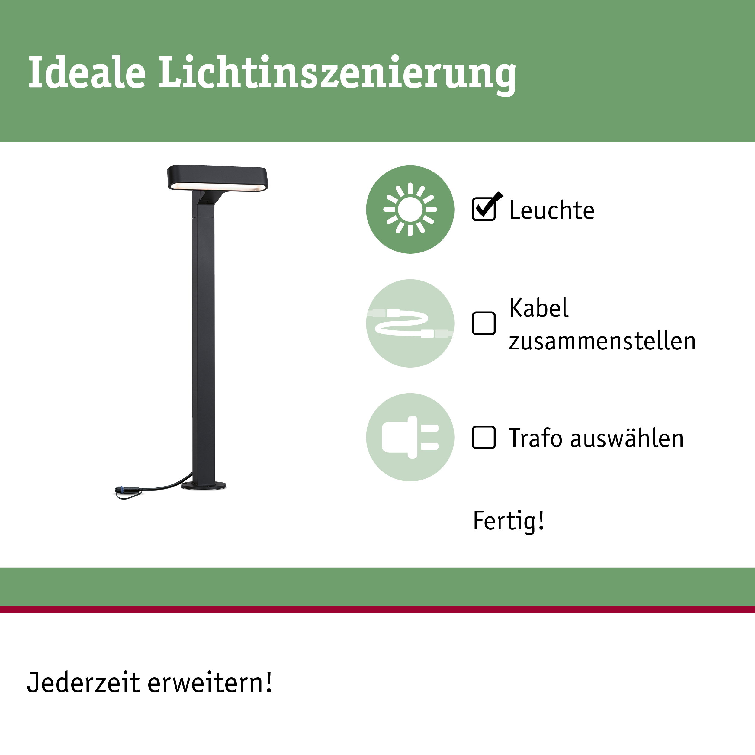 Schwarze LED-Außenleuchte mit integriertem Kabel und Stecker für flexible Gartenbeleuchtung