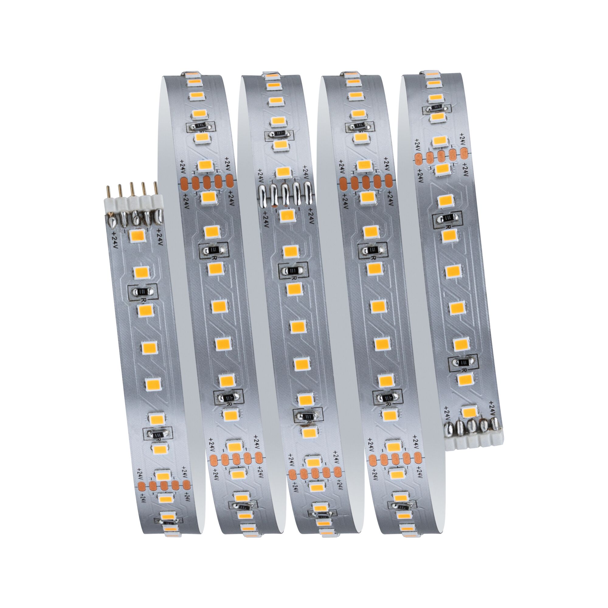 Flexibler LED-Streifen mit warmweißen LEDs auf silberner Platine für moderne Lichtakzente