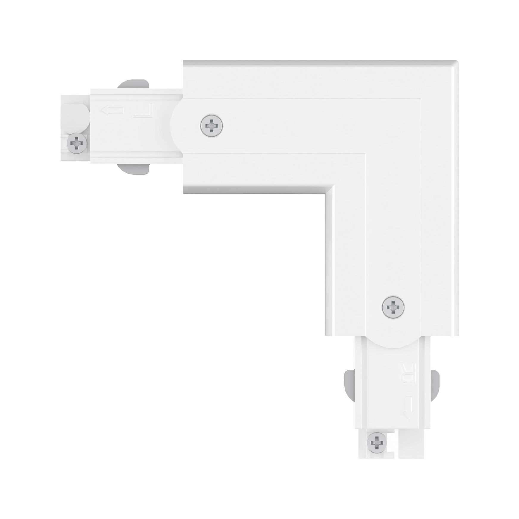 White plastic corner connector for track lighting systems with screw fasteners for LED fixtures
