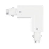White plastic corner connector for track lighting systems with screw fasteners for LED fixtures