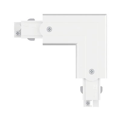 White plastic corner connector for track lighting systems with screw fasteners for LED fixtures