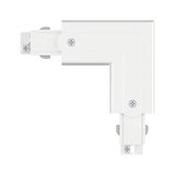 White plastic corner connector for track lighting systems with screw fasteners for LED fixtures