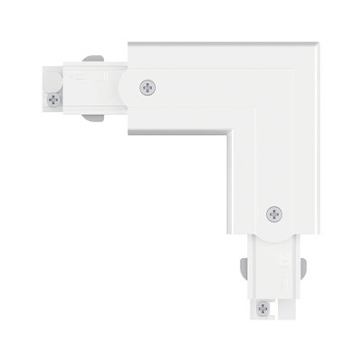 White plastic corner connector for track lighting systems with screw fasteners for LED fixtures
