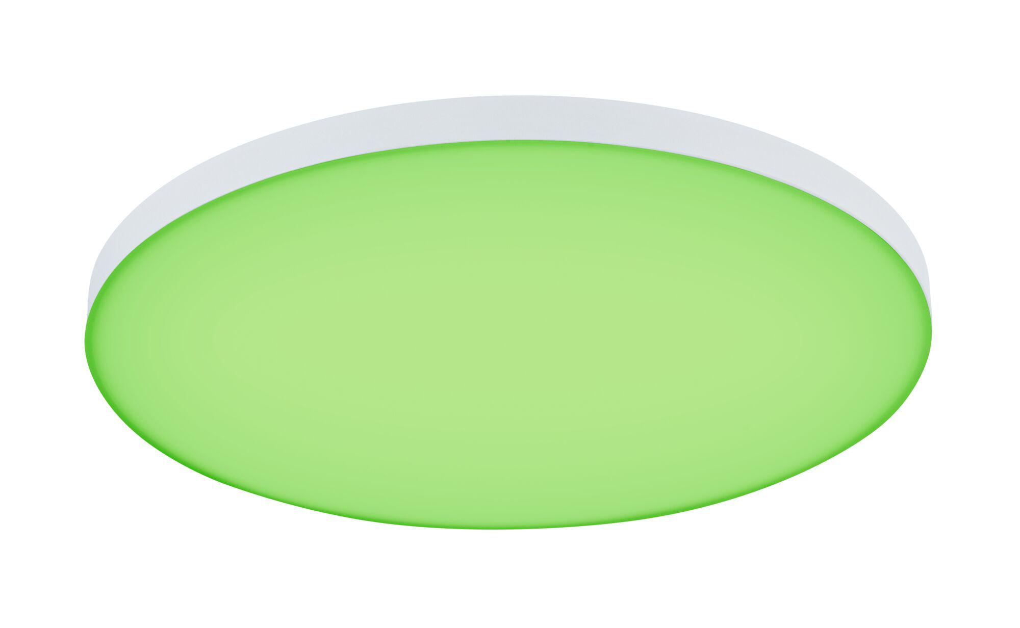 Rund LED-loftlampe med grøn diffuser og hvid ramme til moderne opholdsrum