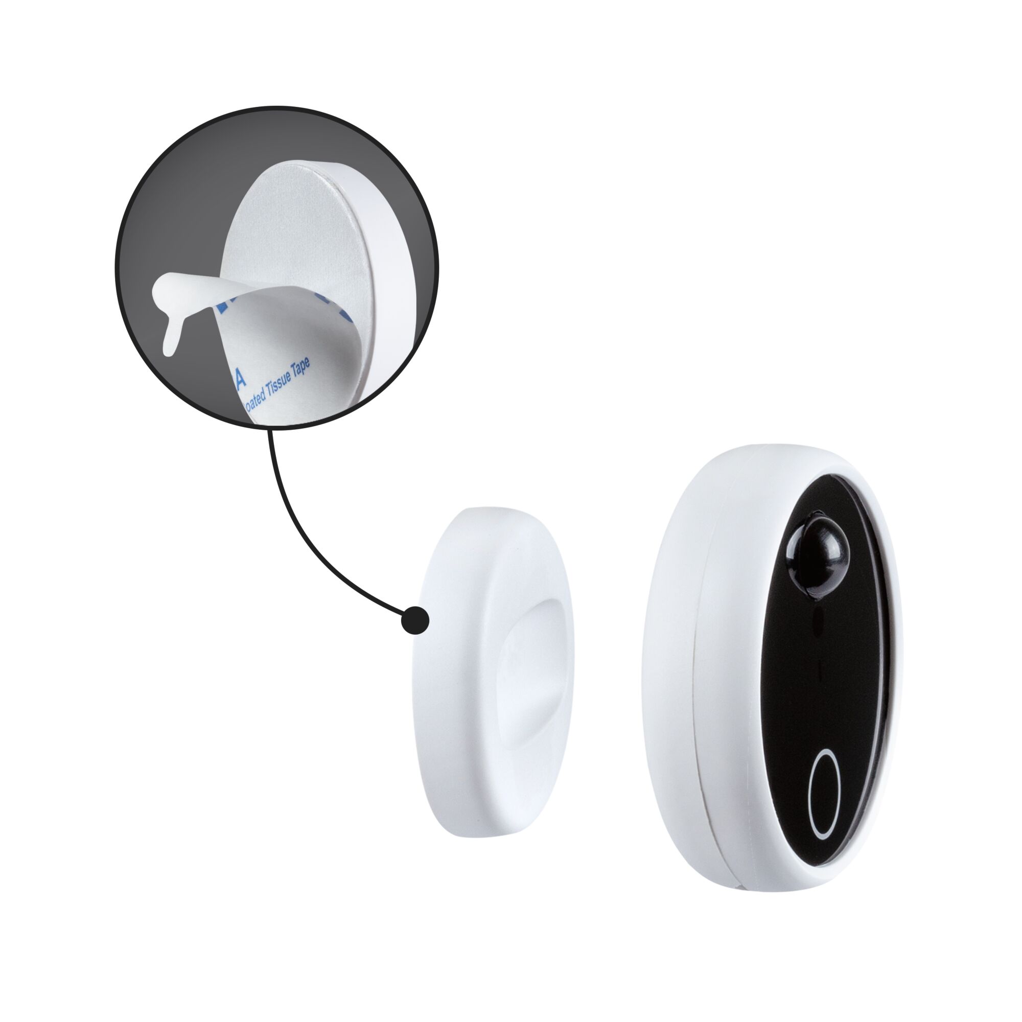 White oval motion sensor with black front and adhesive back for easy installation and smart lighting