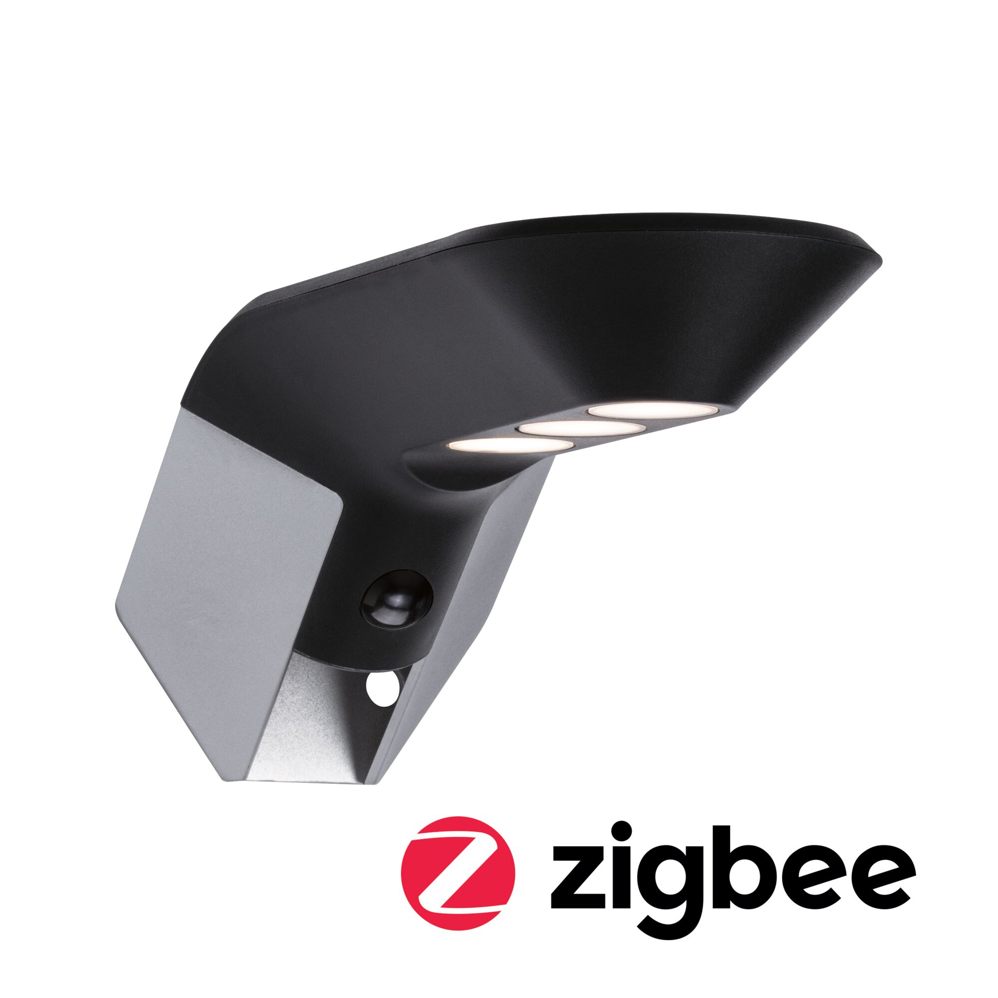 Moderne schwarze und silberne LED-Außenwandleuchte mit Bewegungsmelder und Zigbee-Funktion für smarte Beleuchtung