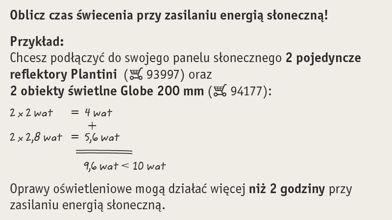 Obliczanie czasu świecenia przy użyciu panelu słonecznego Obliczenie czasu świecenia reflektorów Plantini i obiektów świetlnych Globe 200 mm zasilanych energią słoneczną