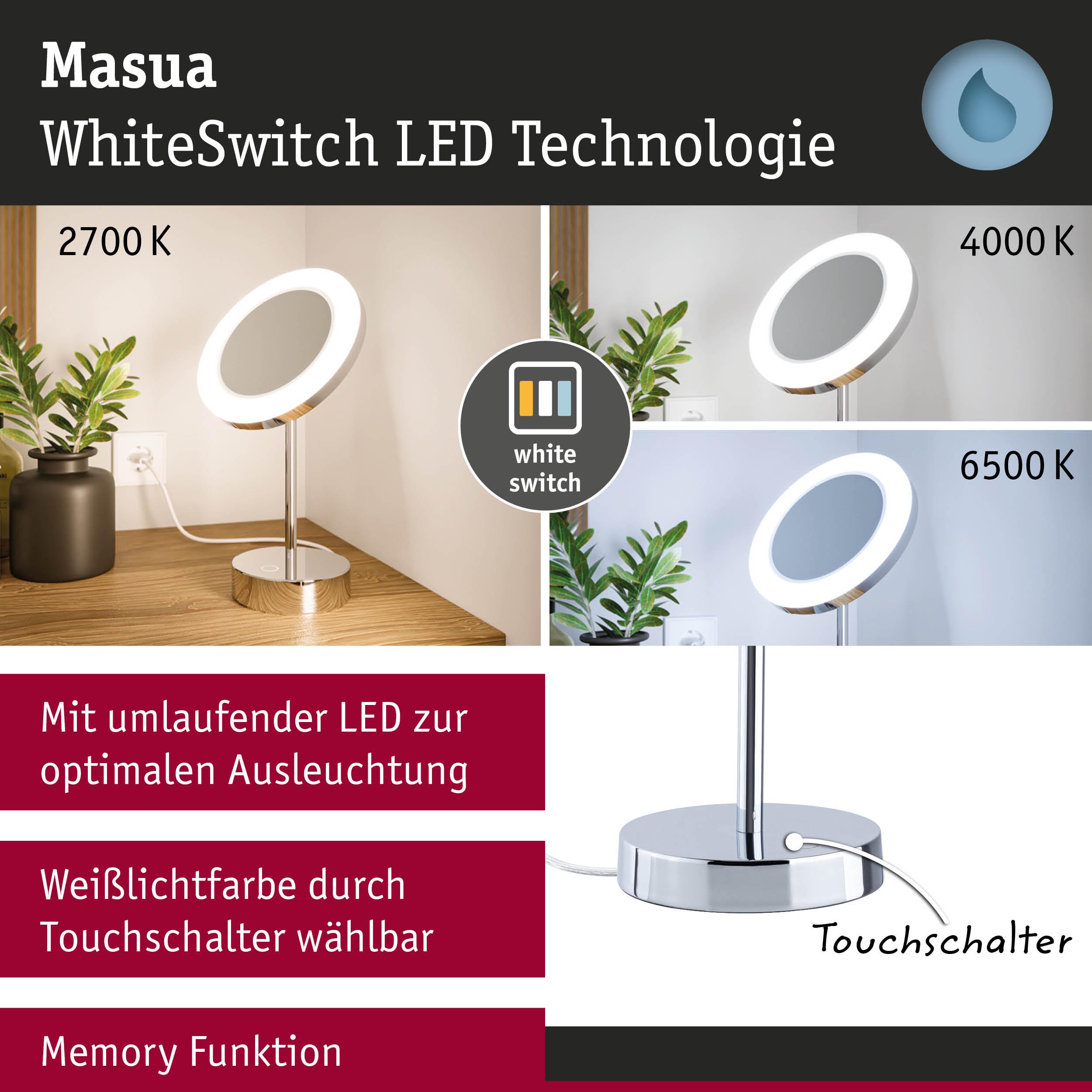 Masua LED-Tischlampe mit WhiteSwitch-Technologie und einstellbarer Weißlichtfarbe in Chrom.