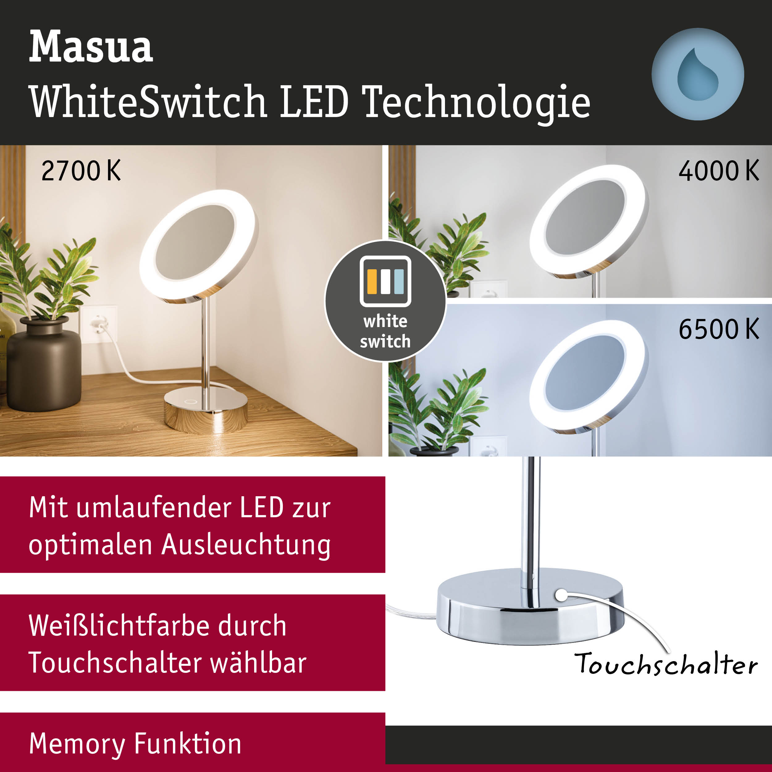 Masua LED-Tischleuchte mit WhiteSwitch-Technologie in Chrom mit einstellbarer Farbtemperatur 2700K bis 6500K