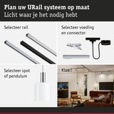 Modulair URail railsysteem met aluminium rails in zwart, wit en chroom voor flexibele verlichting.