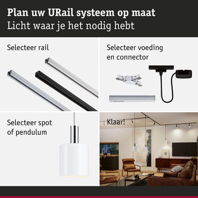 Modulair URail railsysteem met aluminium rails in zwart, wit en chroom voor flexibele verlichting.