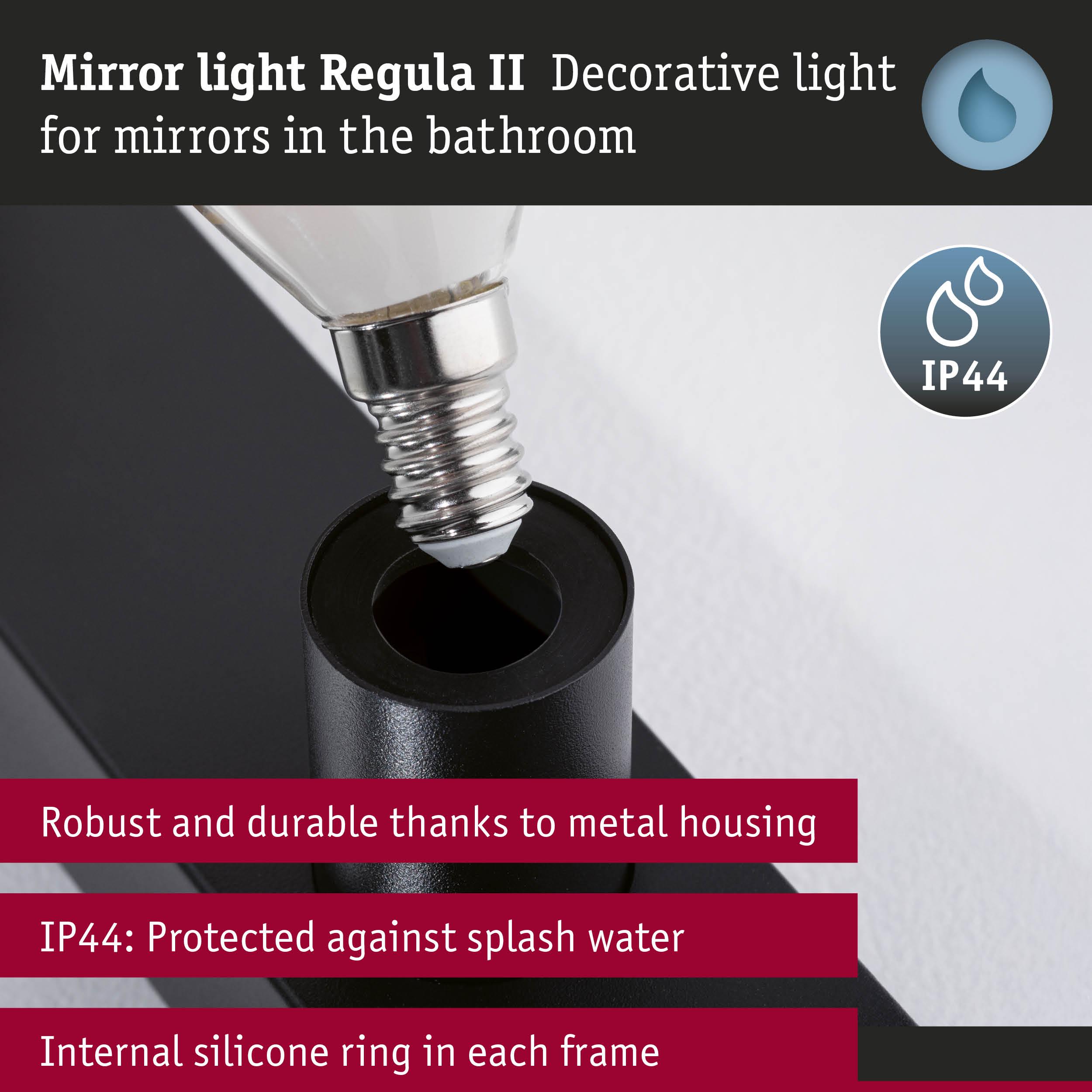 Black metal holder with E27 LED bulb for Regula II bathroom mirror light with IP44 splash water protection