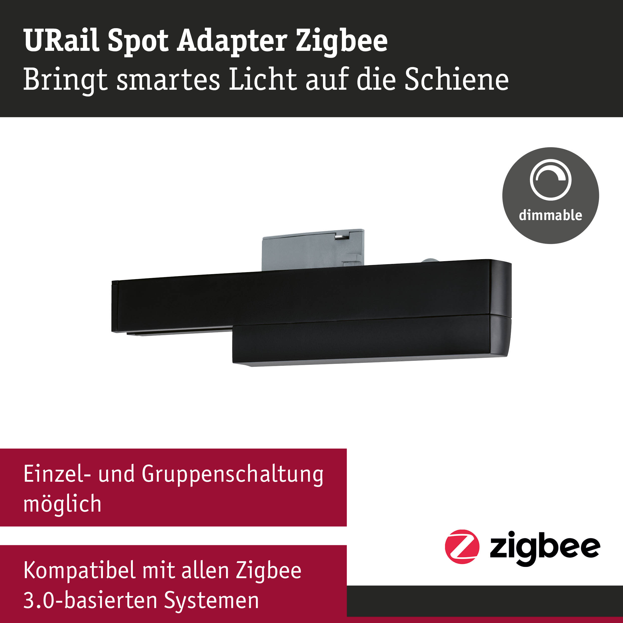Schwarzer URail Spot Adapter aus Metall mit Zigbee-Funktion für smarte Lichtsteuerung und Dimmfunktion