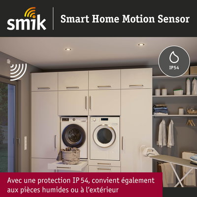 Capteur de mouvement Smart Home avec protection IP54, adapté aux pièces humides et à l'extérieur, montage mural blanc