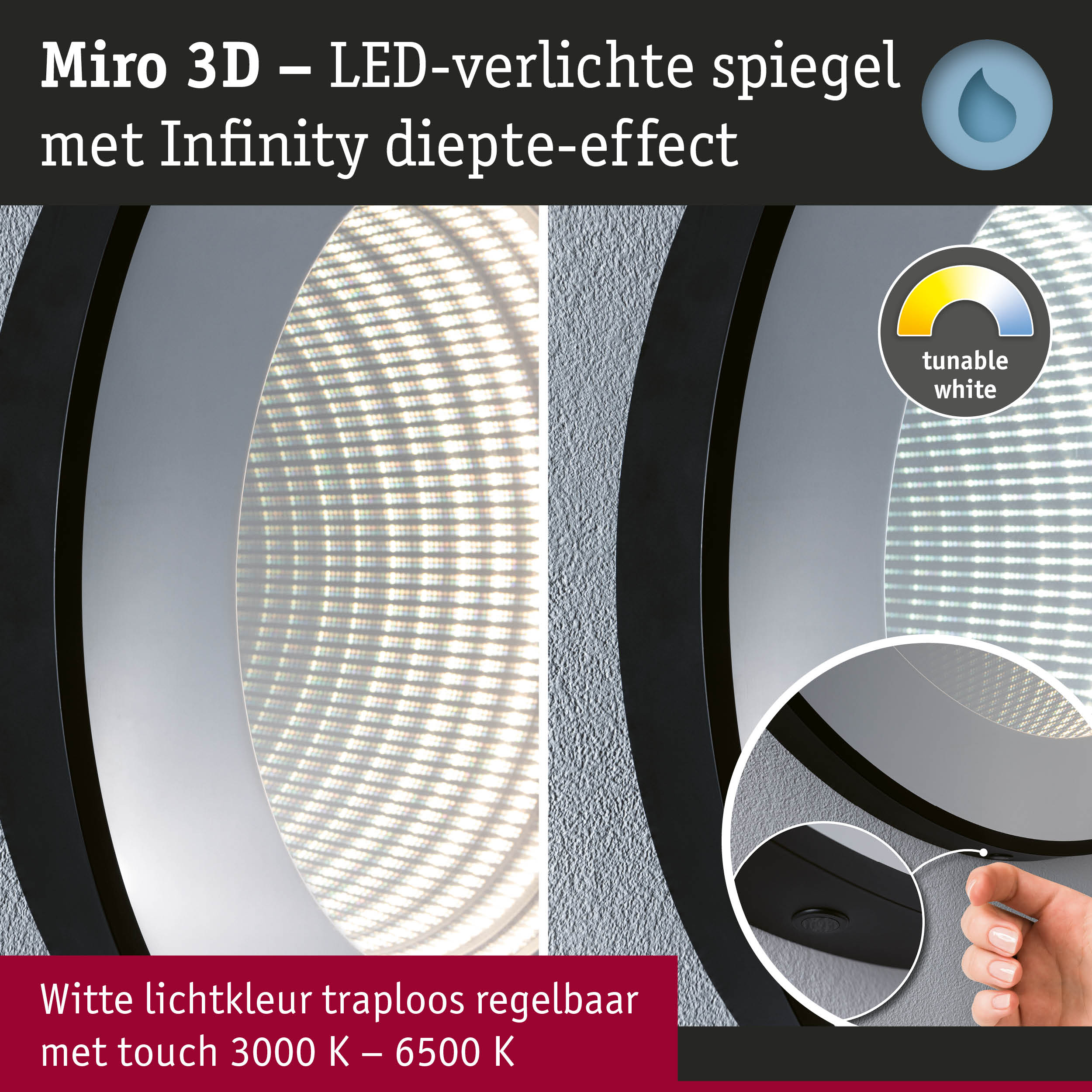 Miro 3D LED-spiegel met Infinity diepte-effect en traploos regelbare witte lichtkleur 3000K–6500K