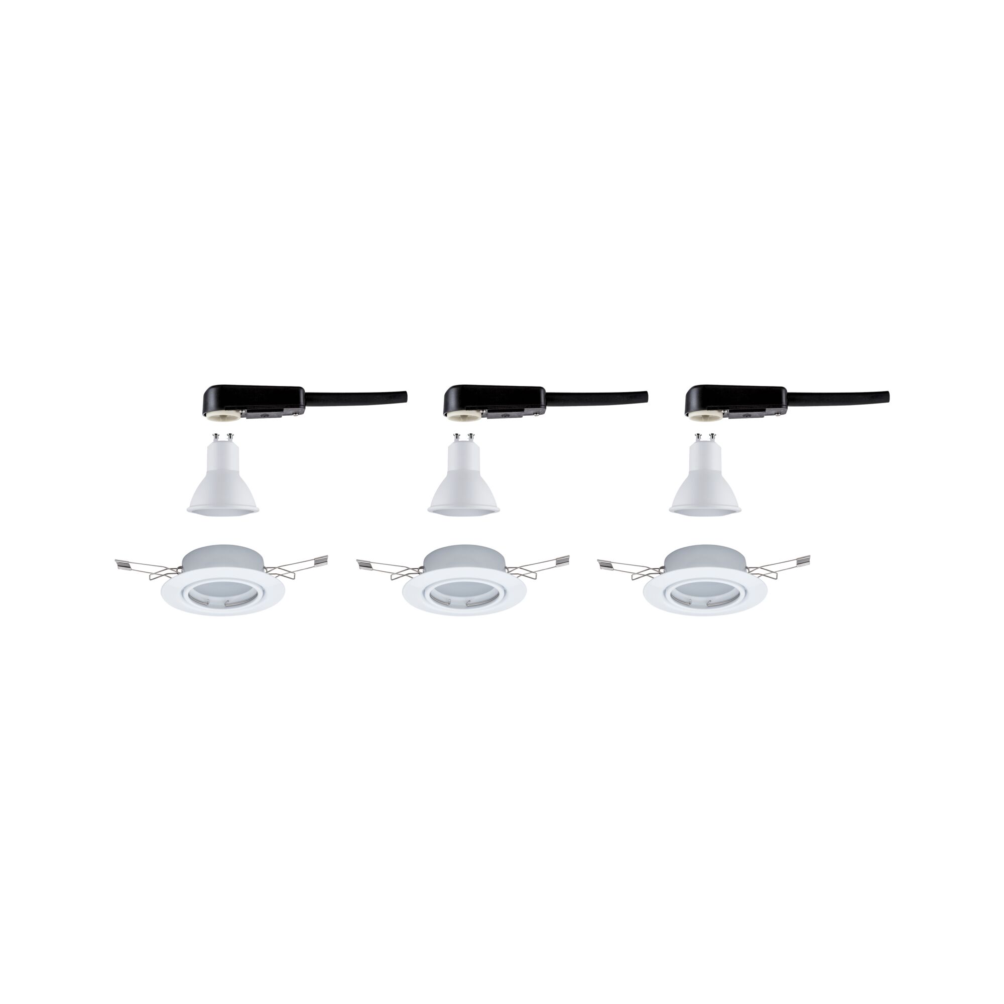 Trois ampoules LED GU10 blanches avec supports noirs et cadres encastrés pour spots LED