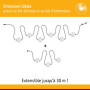 Câble lumineux LED extensible avec sphères blanches et câble noir, éclairage flexible jusqu'à 30 mètres