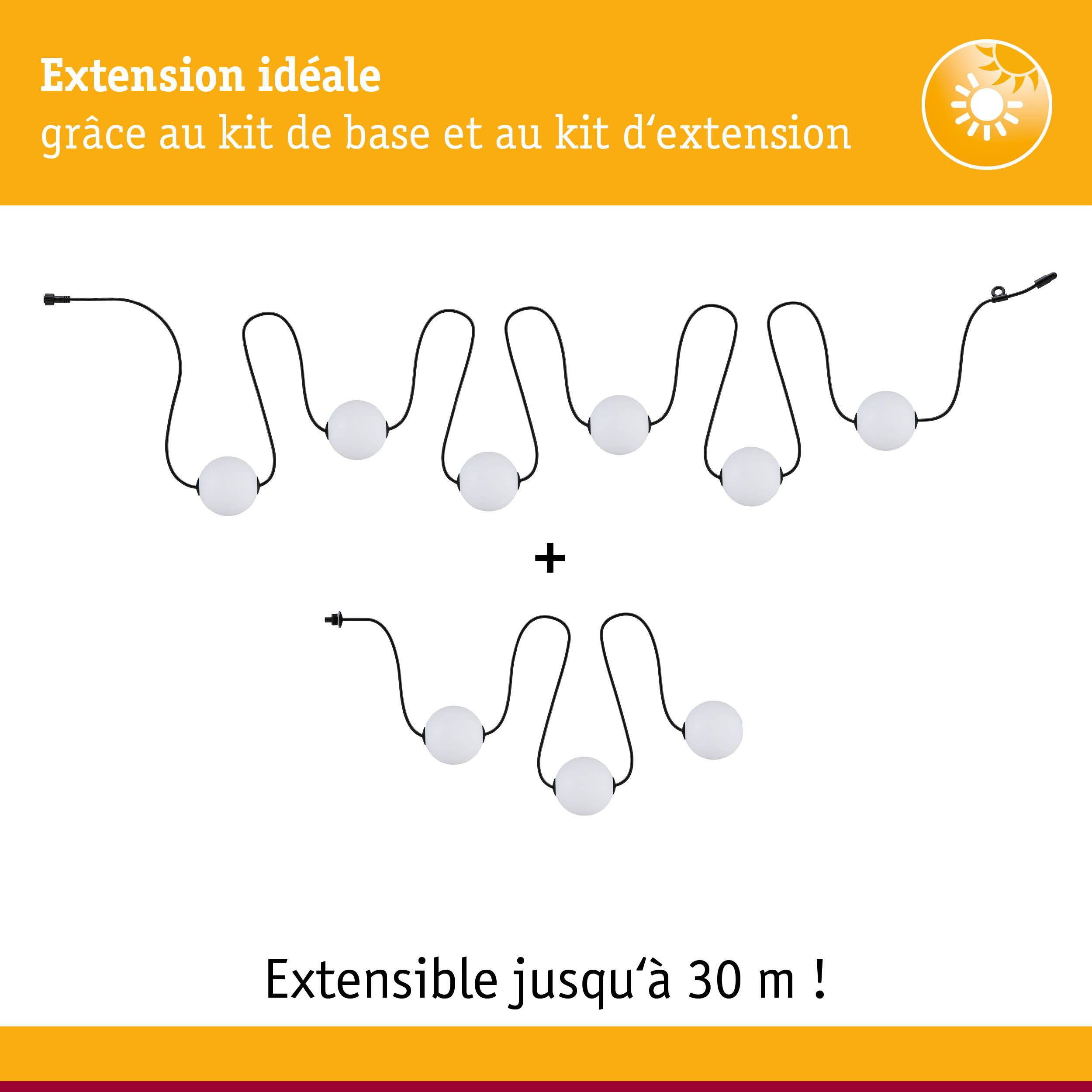 Câble lumineux LED extensible avec sphères blanches et câble noir, éclairage flexible jusqu'à 30 mètres