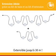 Câble lumineux LED extensible avec sphères blanches et câble noir, éclairage flexible jusqu'à 30 mètres