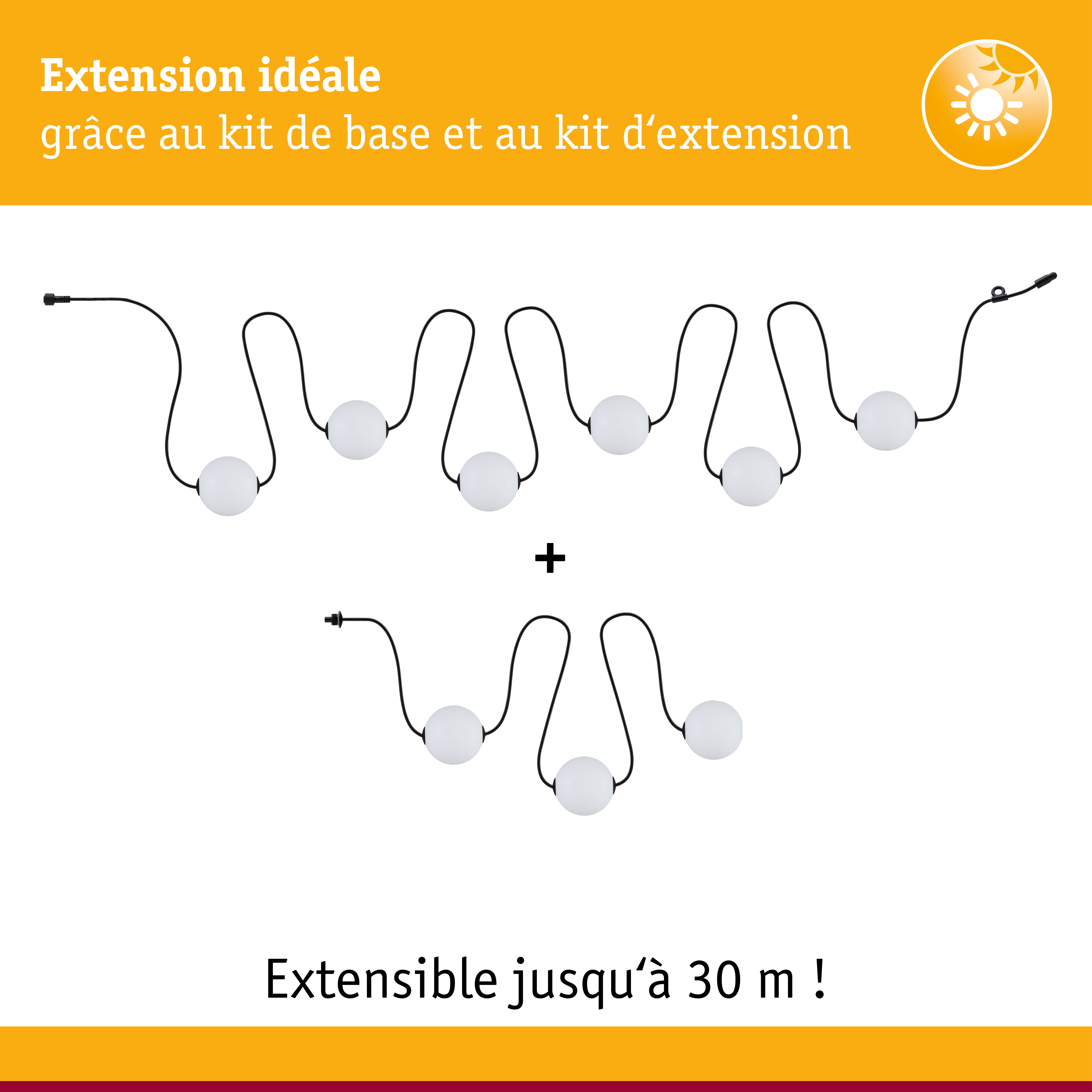 Câble lumineux LED extensible avec sphères blanches et câble noir, éclairage flexible jusqu'à 30 mètres
