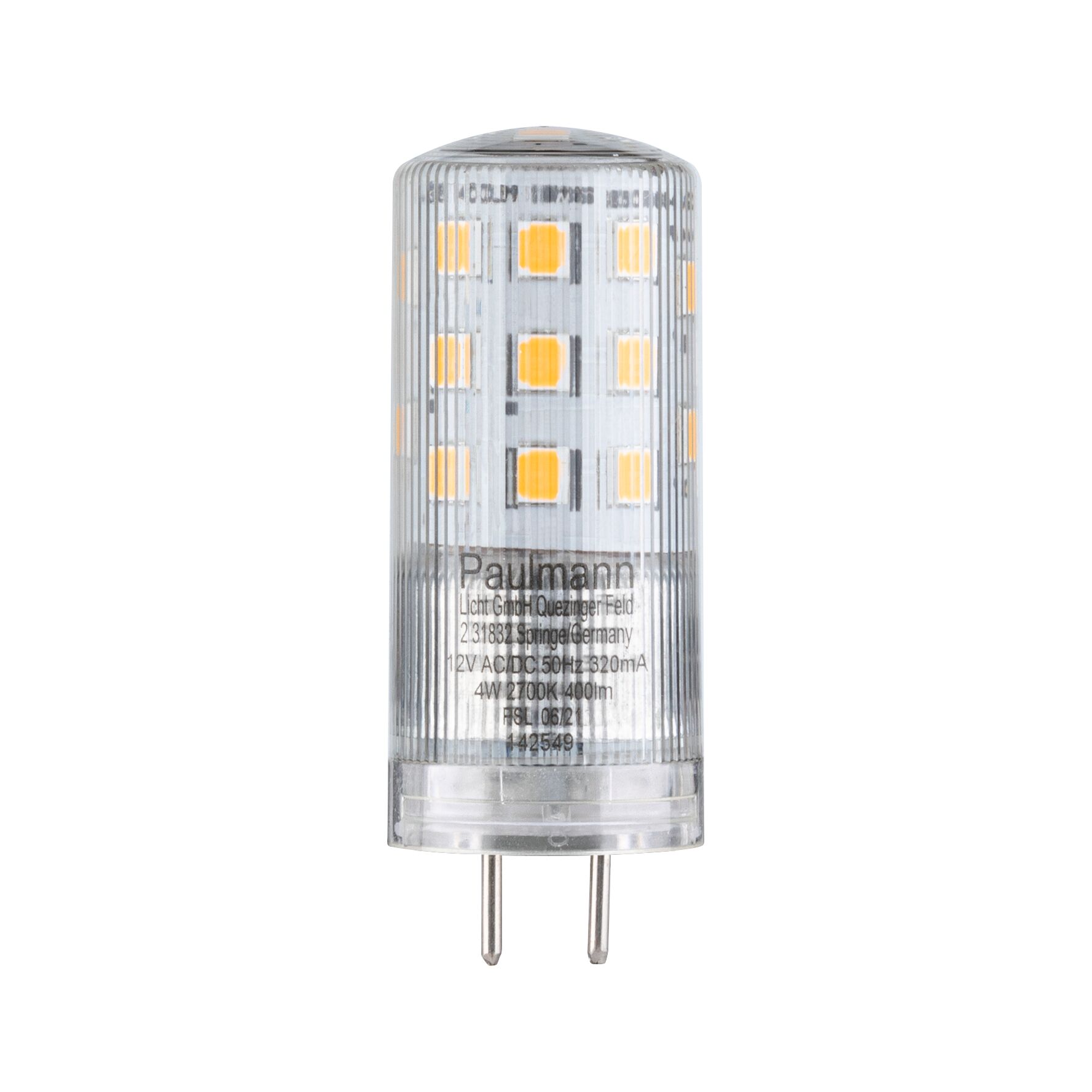 Transparent LED bulb with yellow diodes and two metal pins for 12V lighting use